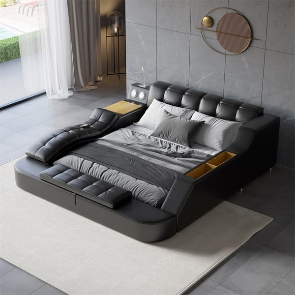 Sash Tufted Upholstered Platform Bed with Massage, Storage, Led Light & Speaker