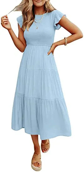 Sexy Commute Round Neck Pleated Short Sleeve Solid Color Maxi Long Dress
