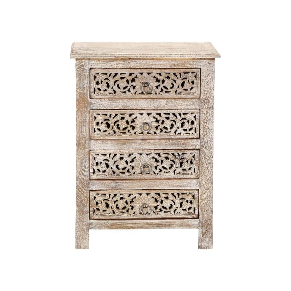 Antique Hand Carved Bedside Table Whitewash