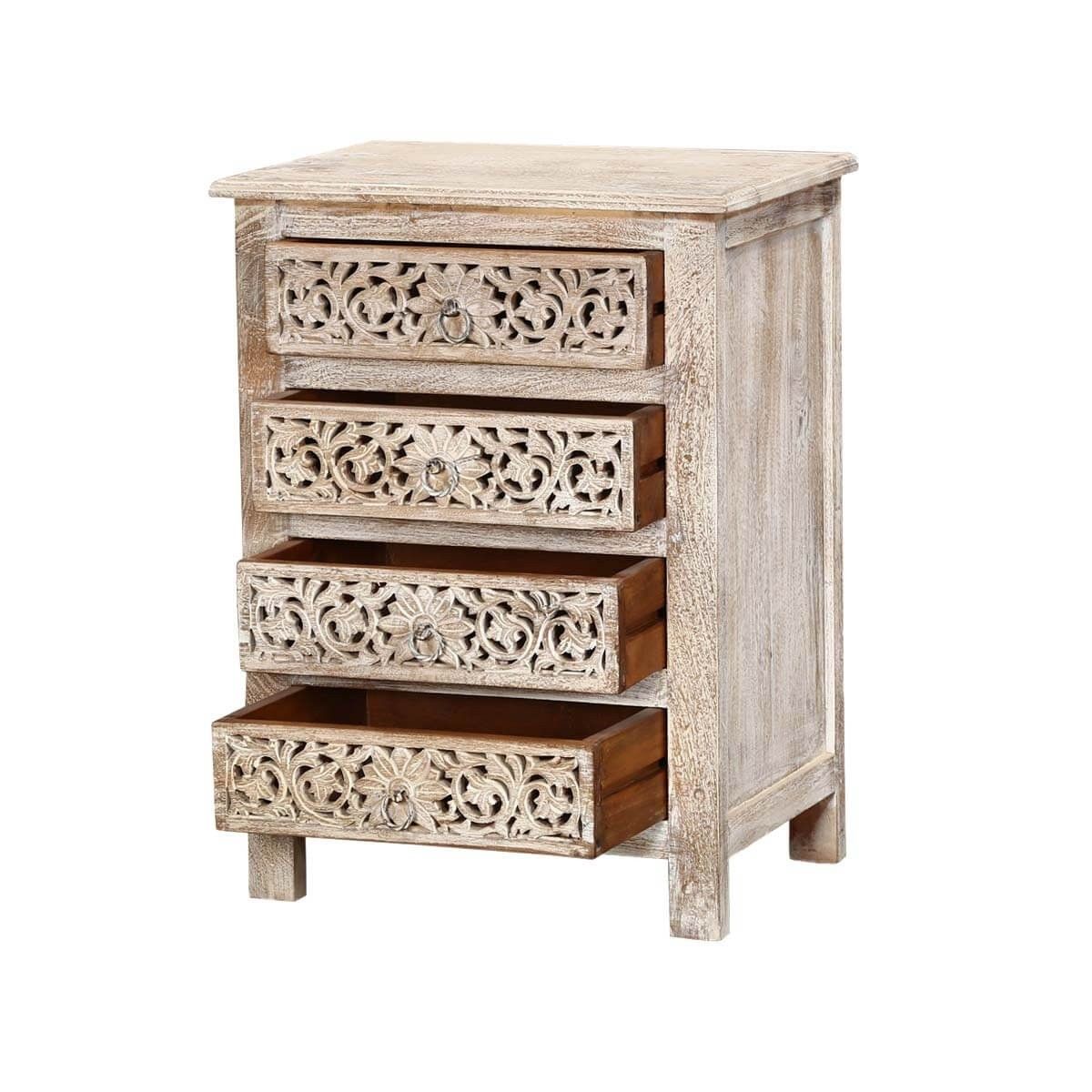 Antique Hand Carved Bedside Table Whitewash