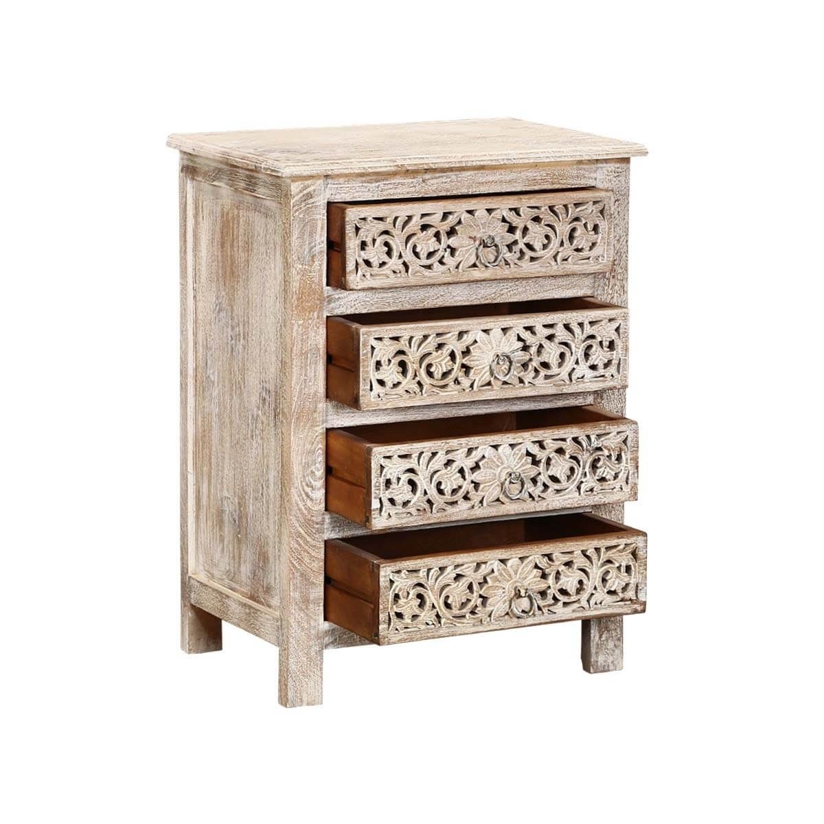 Antique Hand Carved Bedside Table Whitewash