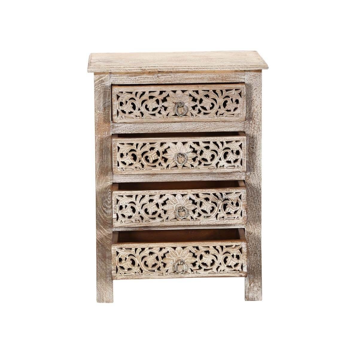 Antique Hand Carved Bedside Table Whitewash