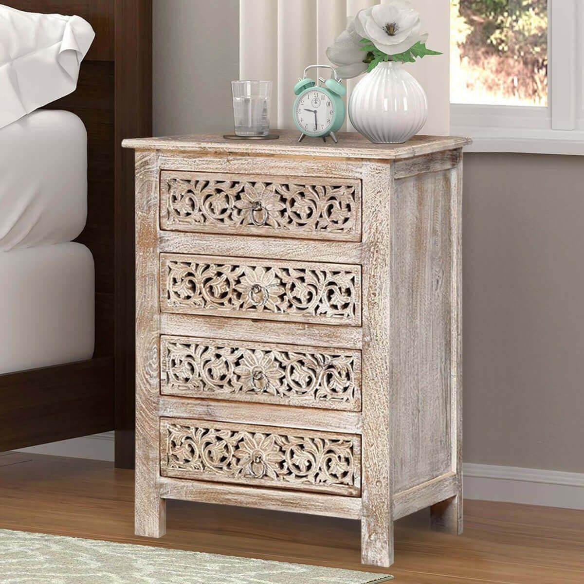Antique Hand Carved Bedside Table Whitewash