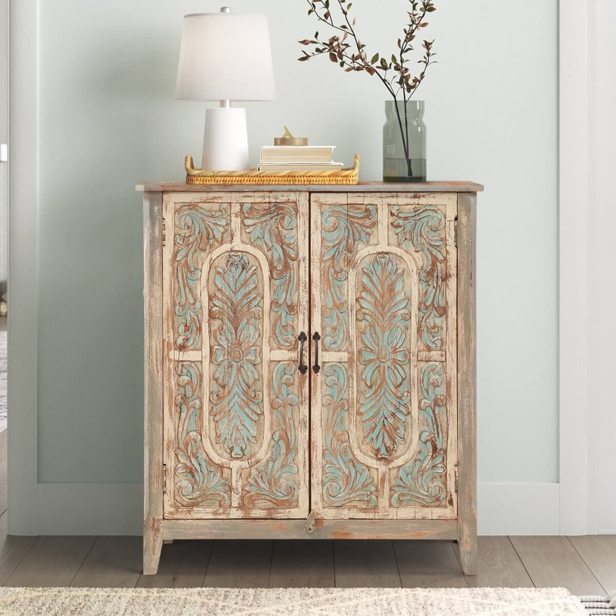 BAYAN Hand Carved Double Door Storage Cabinet