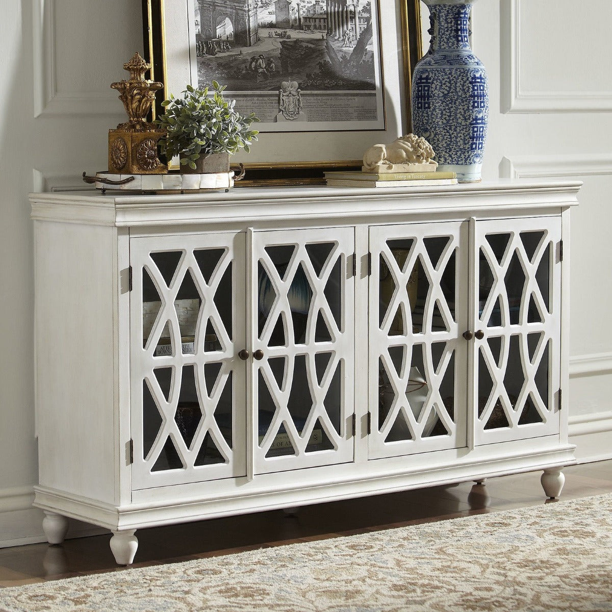 FRENCH ARCHED WHITE GLASS DOOR SIDEBOARD