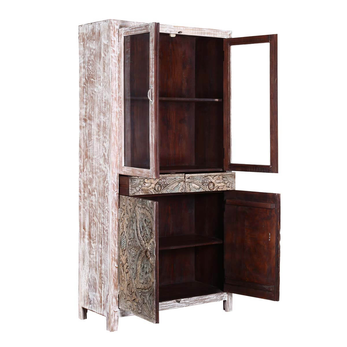 Floral Indian Hand carved Rustic Solid Wood Display Cabinet Armoire