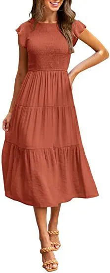 Sexy Commute Round Neck Pleated Short Sleeve Solid Color Maxi Long Dress