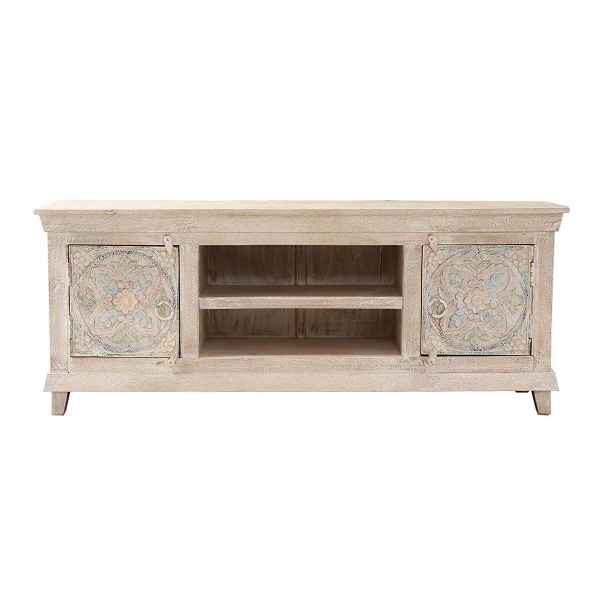 EVA Hand-carved Solid Wood White Distressed TV Media Stand
