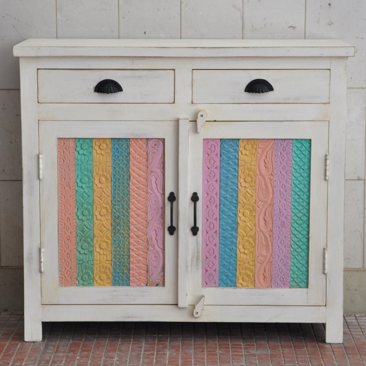 RAINBOW CARVED 2 DOOR WOODEN SIDEBOARD-White-100-40-90