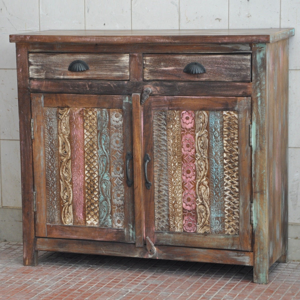 RAINBOW CARVED 2 DOOR WOODEN SIDEBOARD-Natural-100-40-90