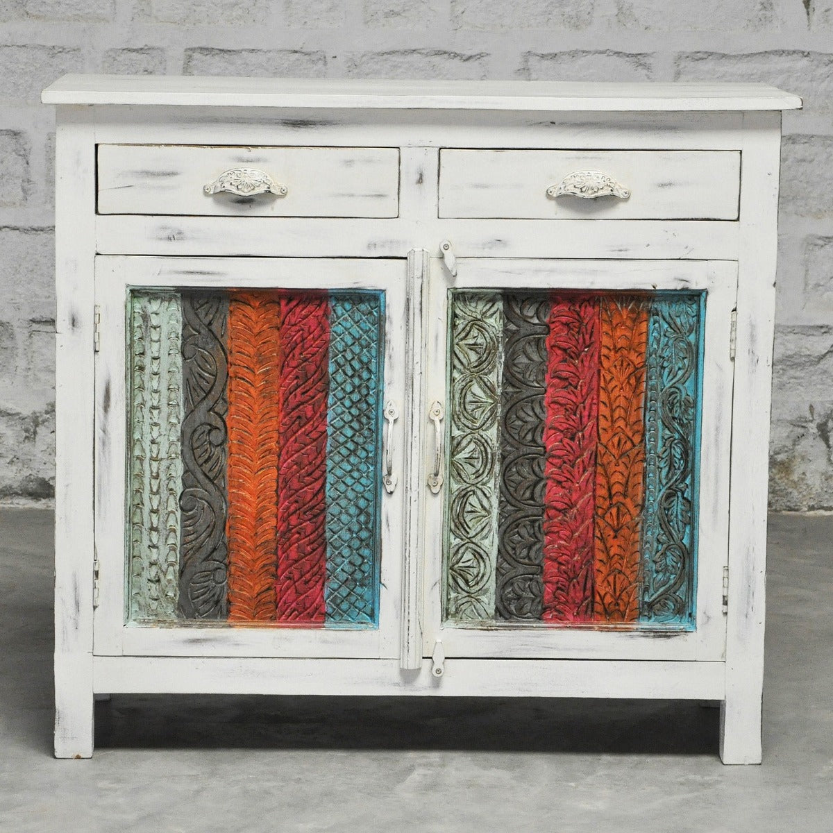 RAINBOW CARVED 2 DOOR WOODEN SIDEBOARD-White wash-100-40-90