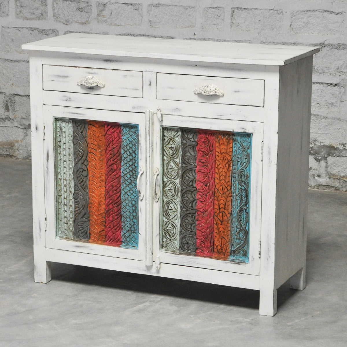 RAINBOW CARVED 2 DOOR WOODEN SIDEBOARD-White wash-100-40-90