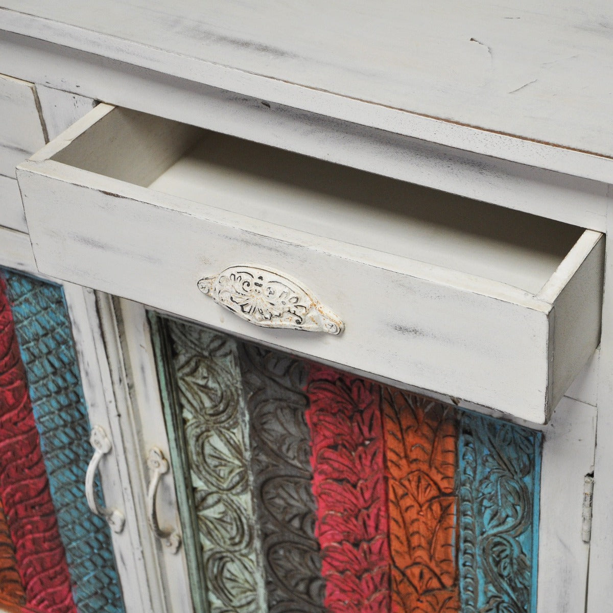 RAINBOW CARVED 2 DOOR WOODEN SIDEBOARD-White wash-100-40-90