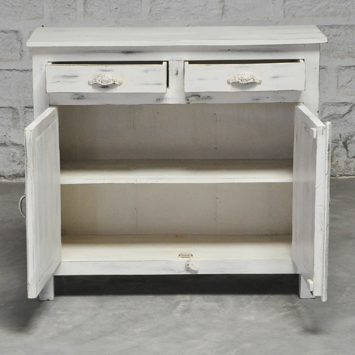 RAINBOW CARVED 2 DOOR WOODEN SIDEBOARD-White wash-100-40-90