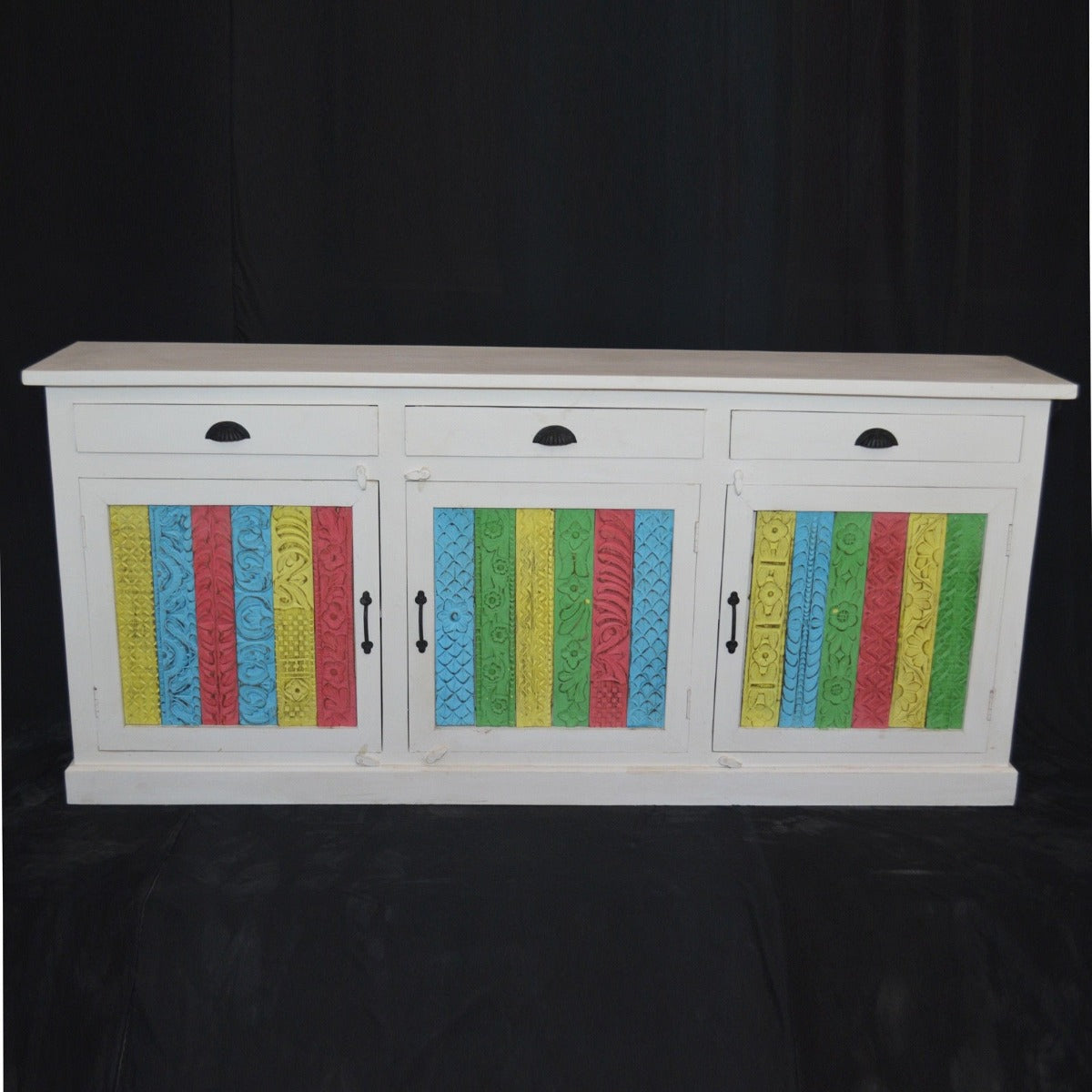 RAINBOW CARVED 3 DOOR WOODEN SIDEBOARD