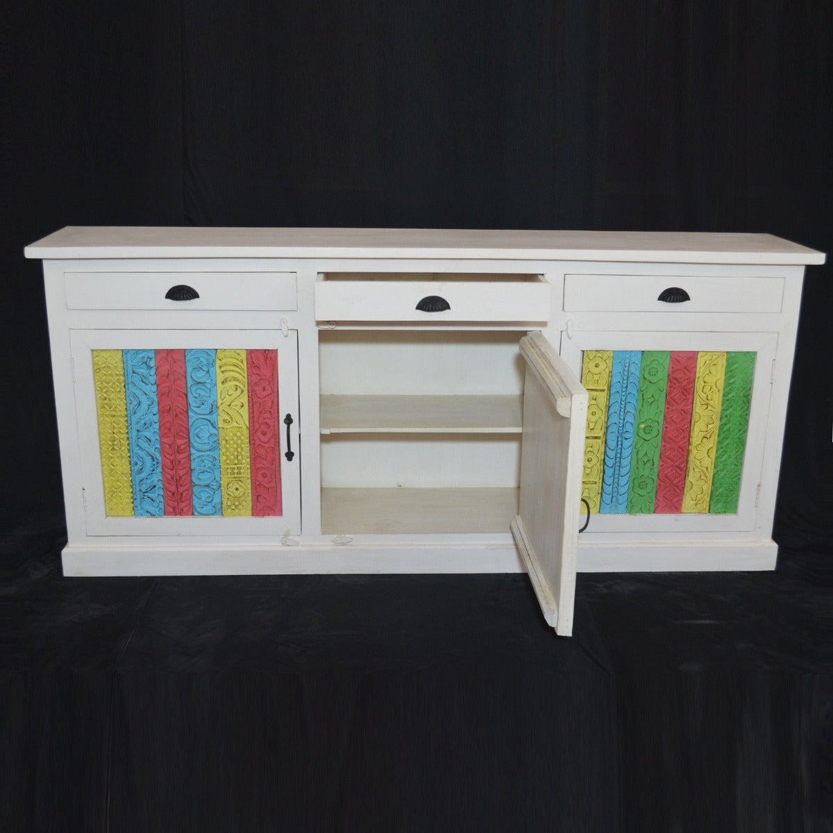 RAINBOW CARVED 3 DOOR WOODEN SIDEBOARD