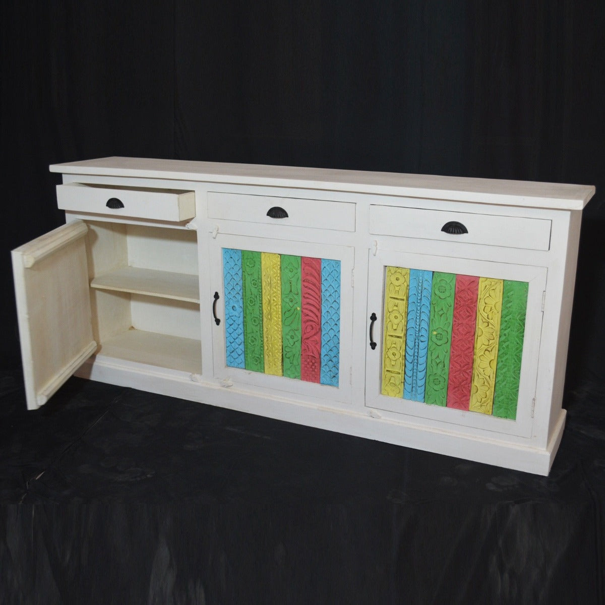 RAINBOW CARVED 3 DOOR WOODEN SIDEBOARD