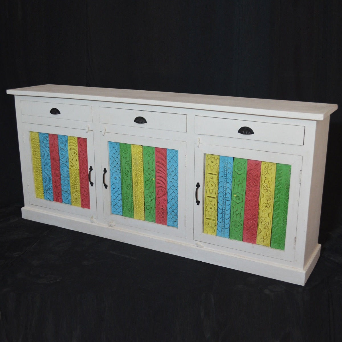 RAINBOW CARVED 3 DOOR WOODEN SIDEBOARD