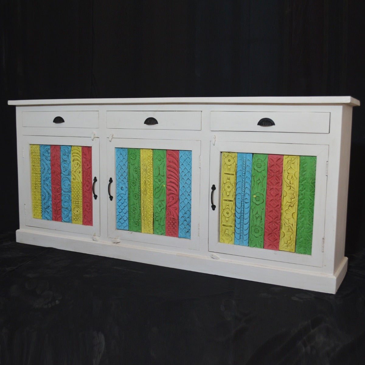 RAINBOW CARVED 3 DOOR WOODEN SIDEBOARD
