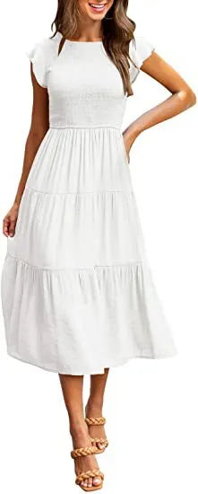 Sexy Commute Round Neck Pleated Short Sleeve Solid Color Maxi Long Dress