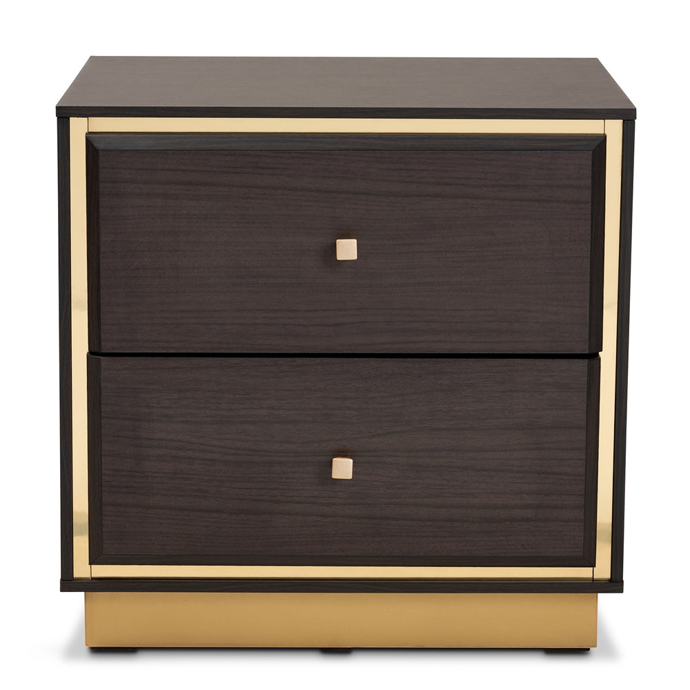 BRYER STUDIO VIOLA MID-CENTURY MODERN TRANSITIONAL DARK BROWN FINISHED WOOD AND  METAL 2-DRAWER NIGHTSTAND / BEDSIDE TABLE