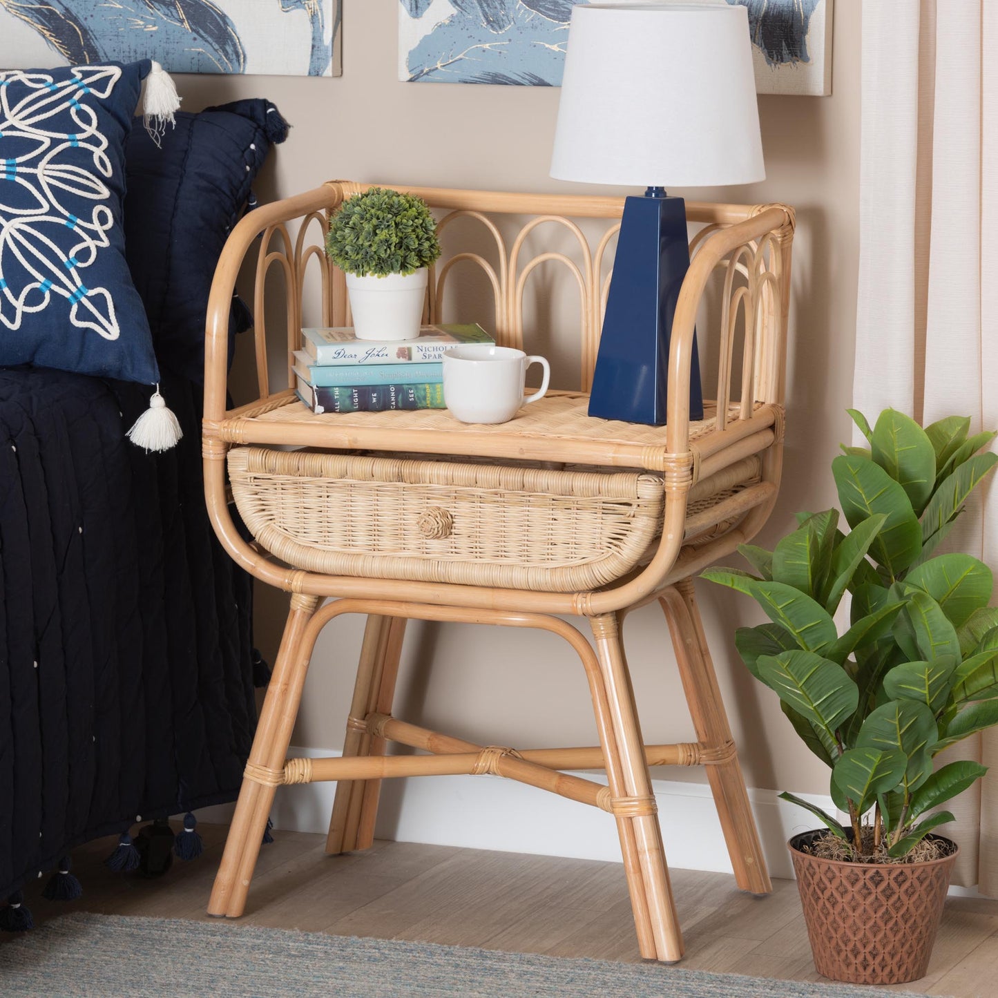 CALVIN & BAY CAMILA MODERN BOHEMIAN NATURAL BROWN RATTAN NIGHTSTAND/ BEDSIDE TABLE
