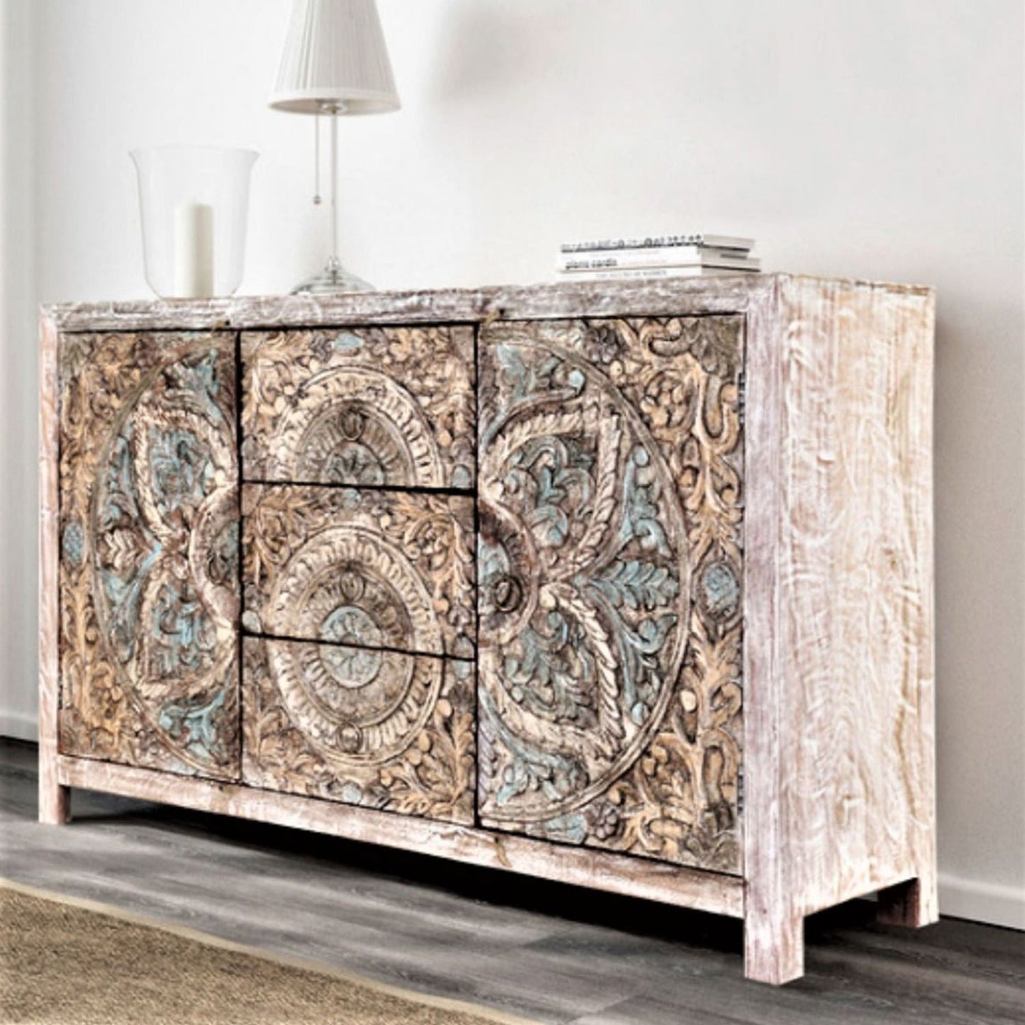 ORING Solid Mango Wood Hand Carved Buffet Cabinet