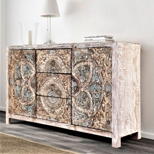 ORING Solid Mango Wood Hand Carved Buffet Cabinet