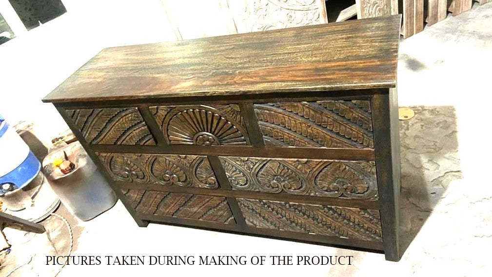 Mughal Garden Indian Hand Carved Reclaimed Wood 7 Drawer Rustic Dresser