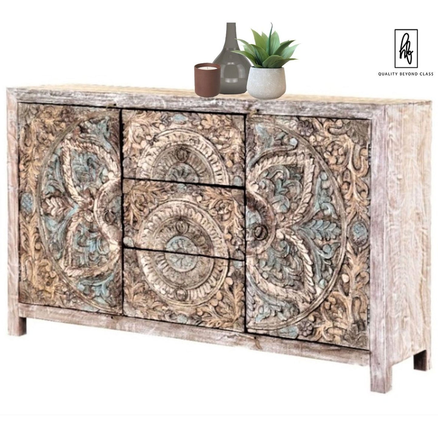 ORING Solid Mango Wood Hand Carved Buffet Cabinet