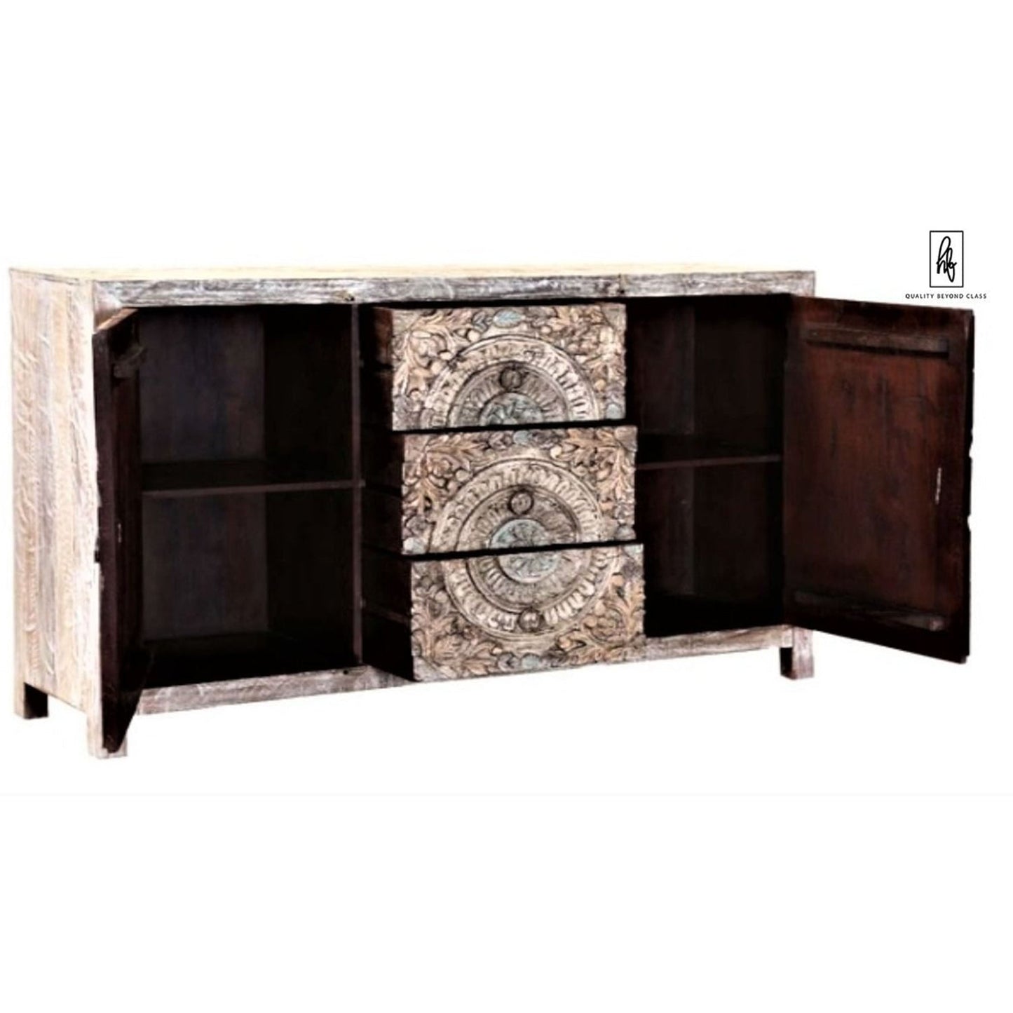 ORING Solid Mango Wood Hand Carved Buffet Cabinet