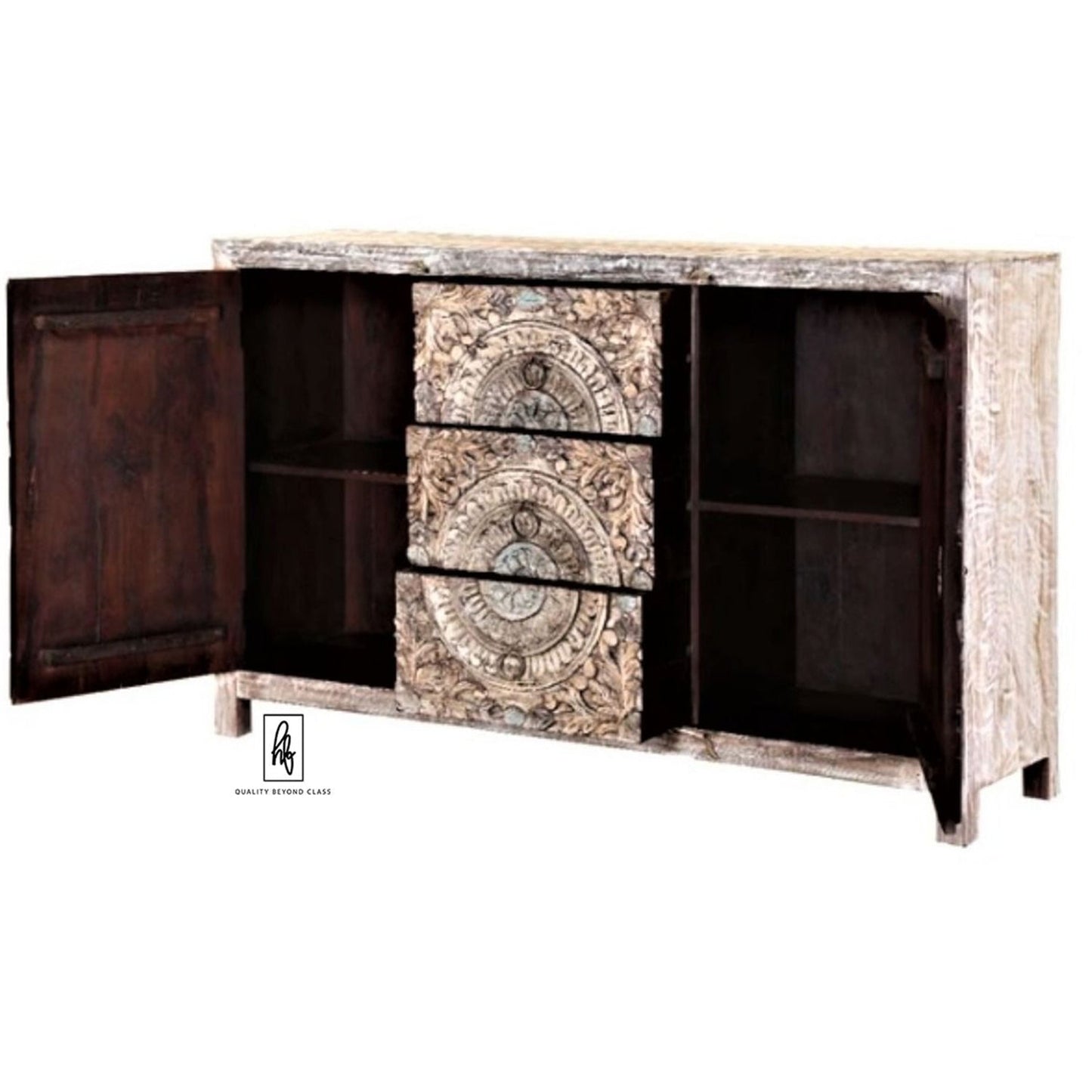 ORING Solid Mango Wood Hand Carved Buffet Cabinet