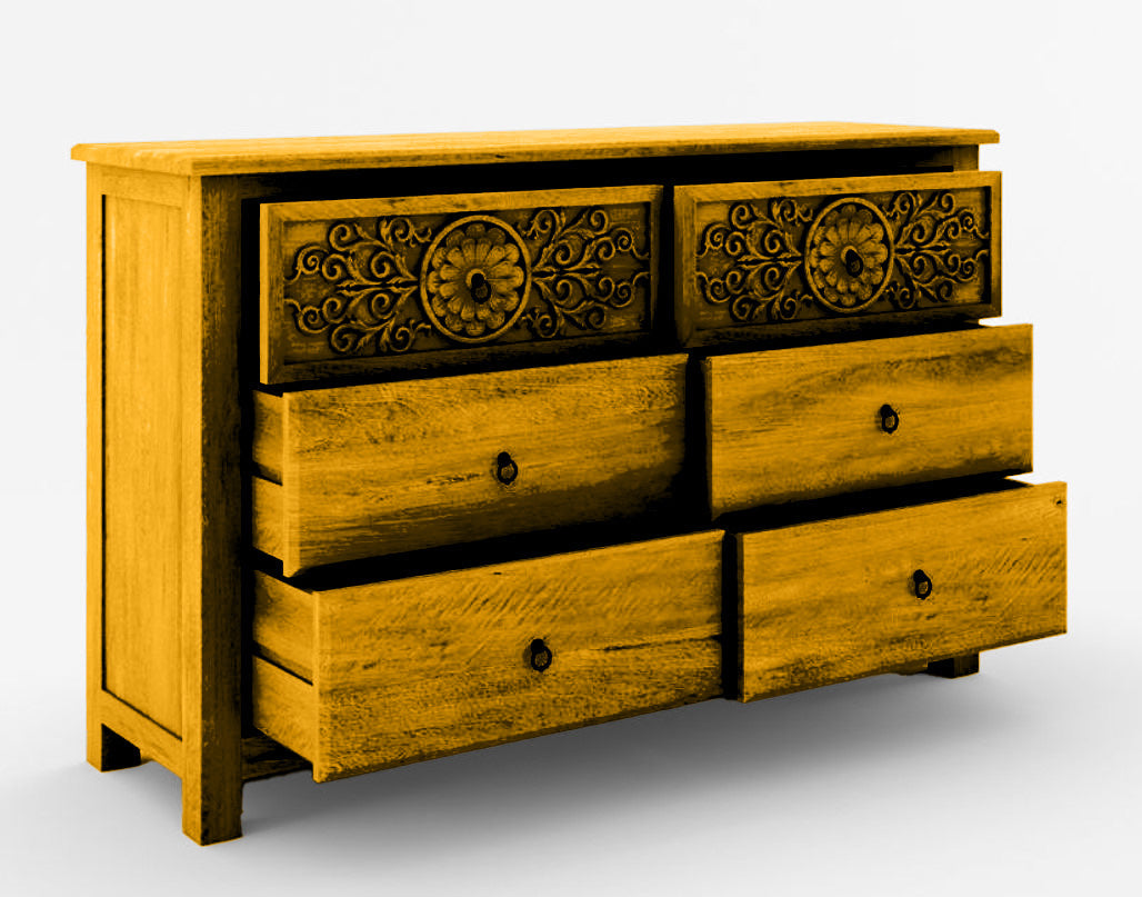 Dynasty Mughal Hand Carved Solid Wooden 6-Drawer Dresser
