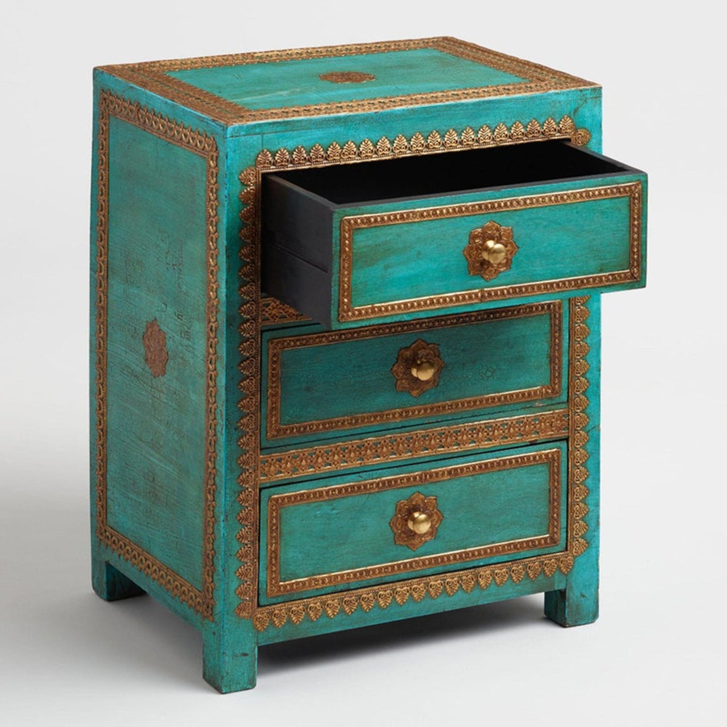 ARI Indian Solid Mango Wood Hand Carved Brass fitting Bedside Cabinet