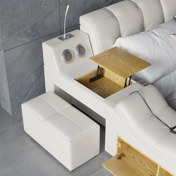 Sash Tufted Upholstered Platform Bed with Massage, Storage, Led Light & Speaker