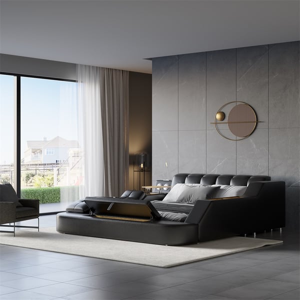 Sash Tufted Upholstered Platform Bed with Massage, Storage, Led Light & Speaker