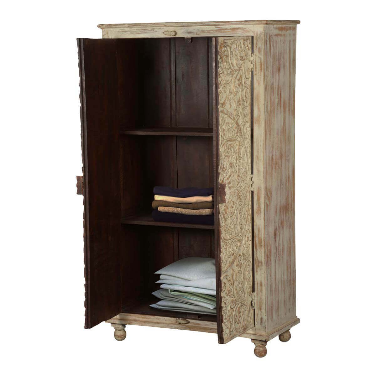 Alona Hand carved Solid Wood Distressed White Armoire w Shelves