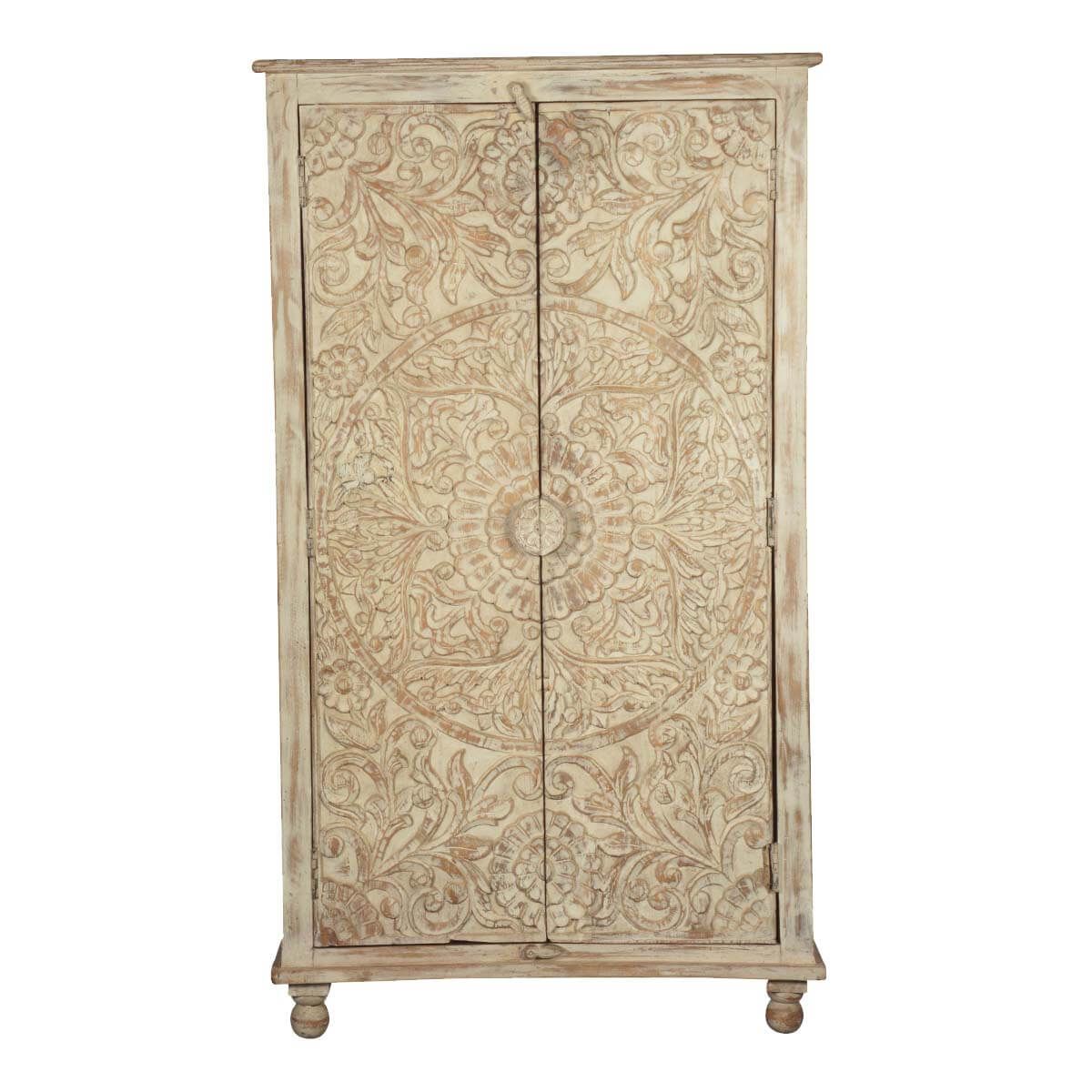 Alona Hand carved Solid Wood Distressed White Armoire w Shelves