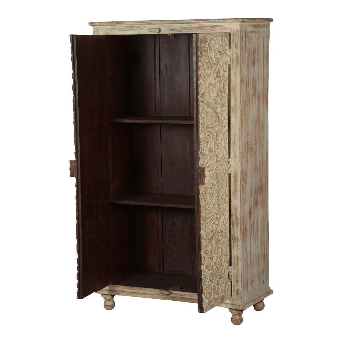Alona Hand carved Solid Wood Distressed White Armoire w Shelves