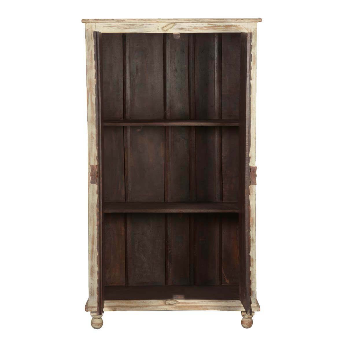 Alona Hand carved Solid Wood Distressed White Armoire w Shelves