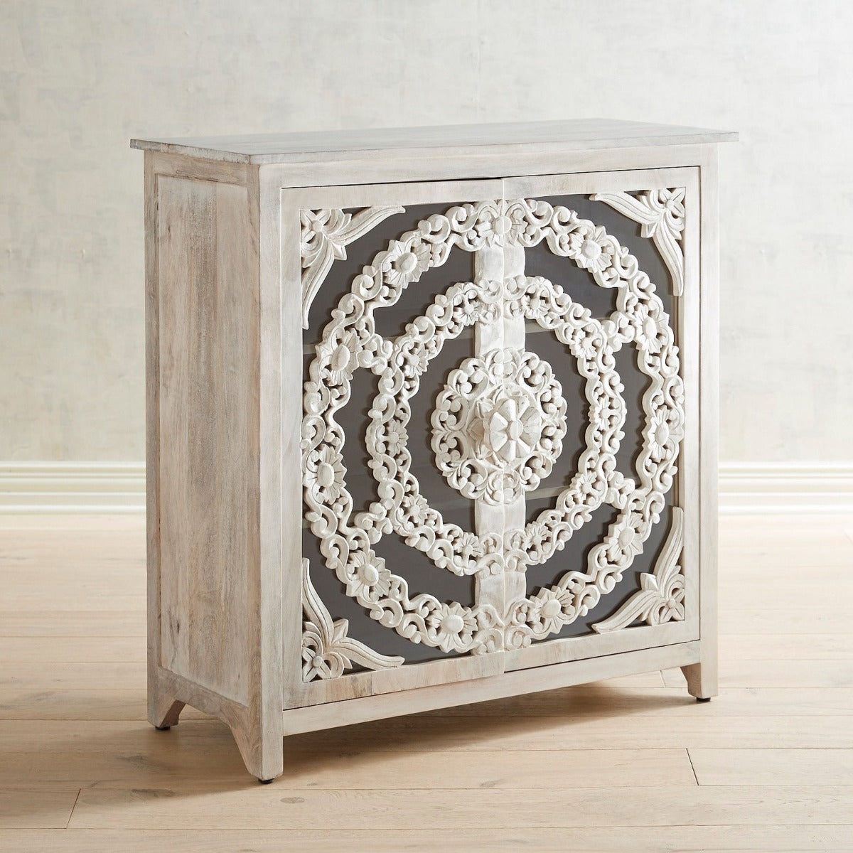 FRENCH ARCHED FLORAL CARVED GLASS DOOR SIDEBOARD