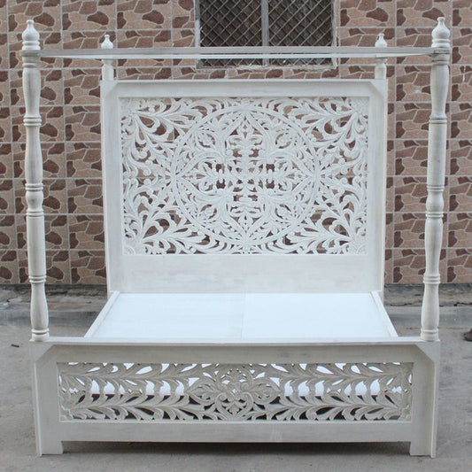 Indian Hand Carved wooden High Headboard Canopy Bed Frame-King/Queen