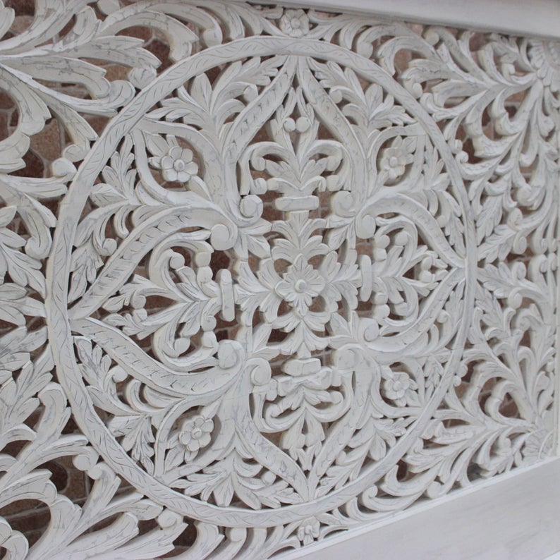 Indian Hand Carved wooden High Headboard Canopy Bed Frame-King/Queen