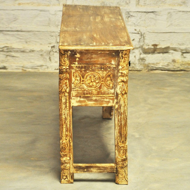 Indian Mehrab Style Carved Brown Solid Wood Console/Hall Table with Drawer