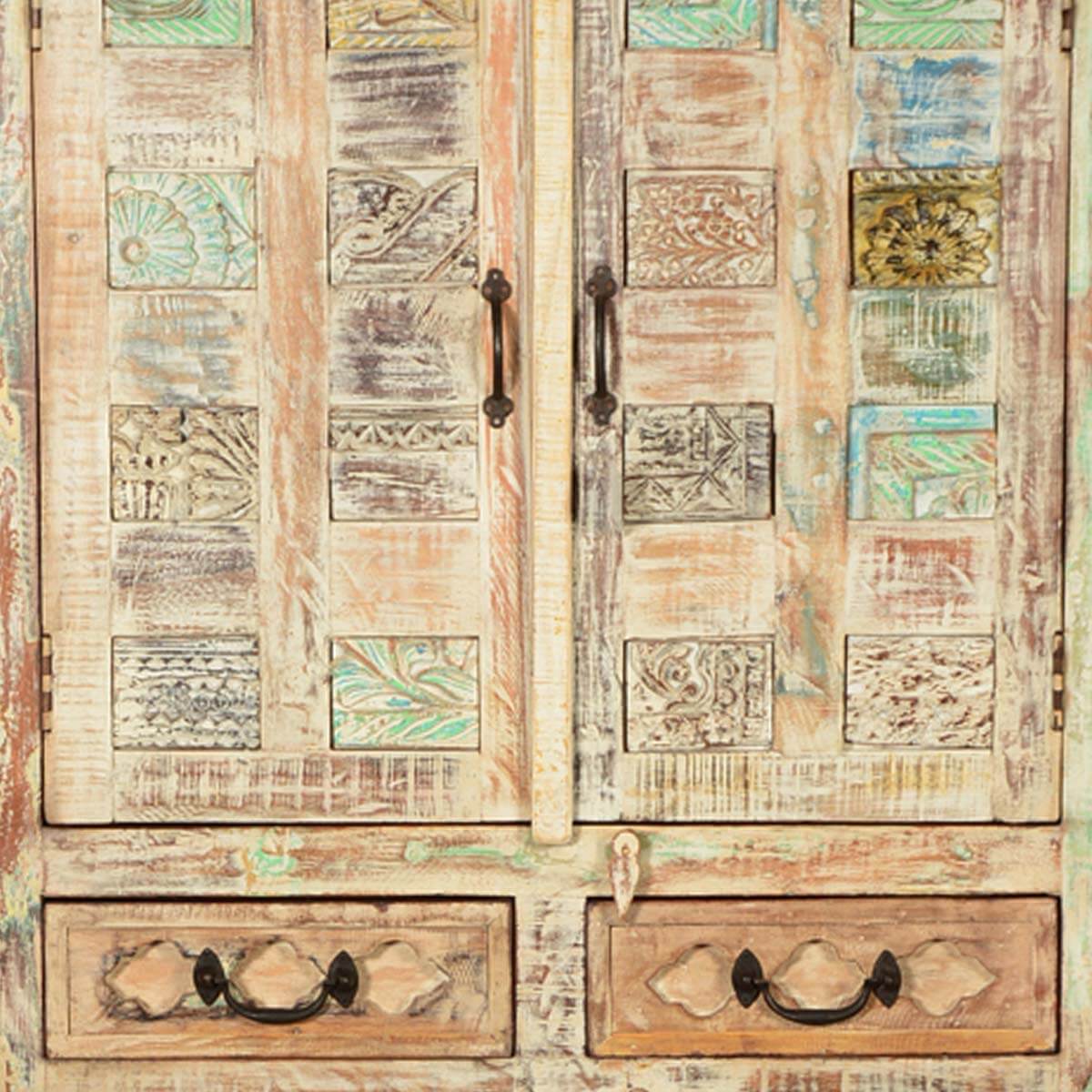 Flora Hand Carved Patterns Distressed Mango Wood Tall Cabinet W Drawers