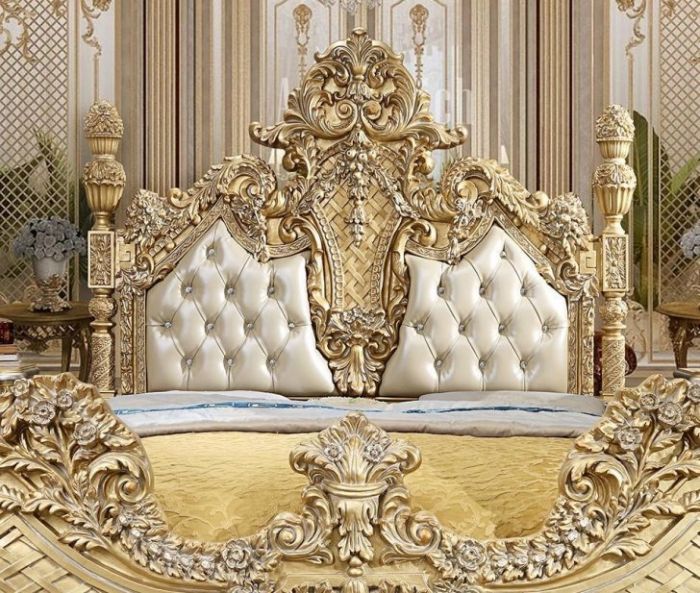 Reyna Metallic Antique Gold & Faux Leather King/Queen Traditional Bed