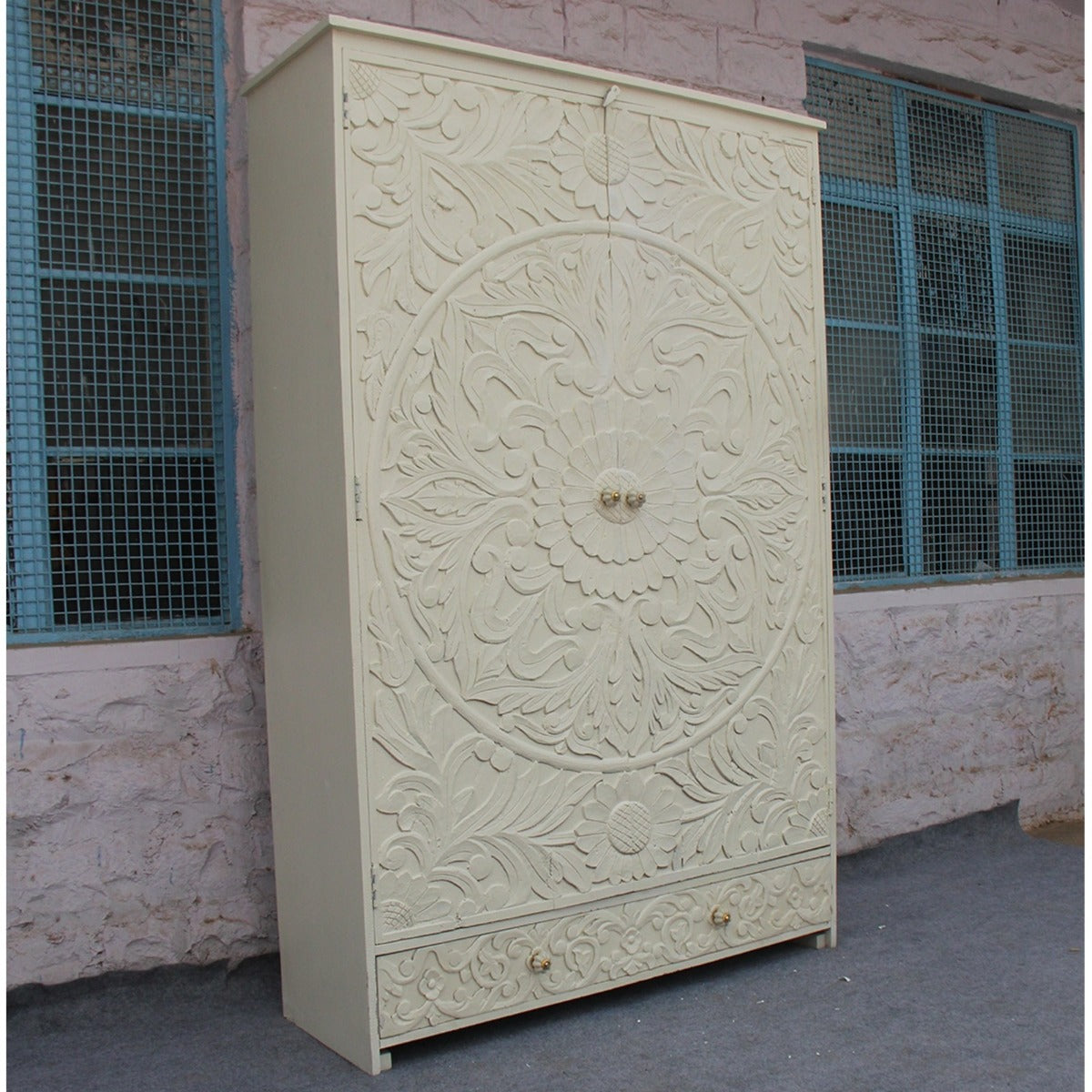 Indian Hand Carved Floral Design Solid Wooden Wardrobe/ Armoire