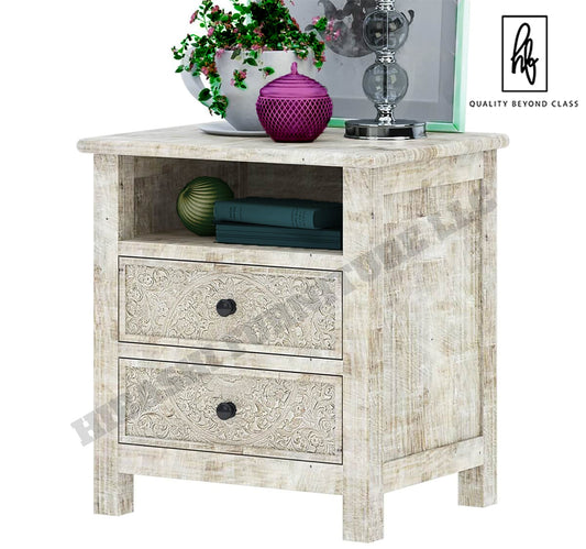 Sunflower Hand carved Solid Wood White Nightstand With Drawer
